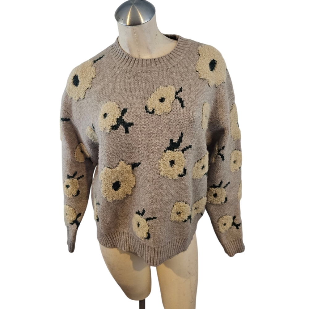 En Creme Size M Floral Patterned Gray Sweater Pullover Cozy - Picture 2 of 7